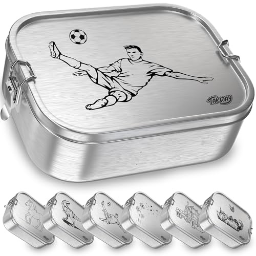 TAKWAY Edelstahl Brotdose mit Fächern 800ml – Auslaufsichere Lunchbox für Kinder & Erwachsene, Bento Box mit flexibler Unterteilung, für Kindergarten, Schule & unterwegs (Fußball, Trennsteg)