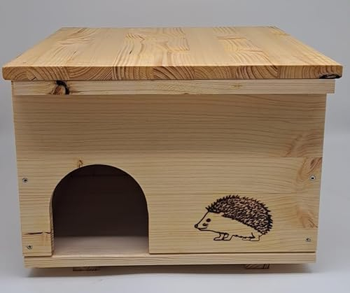 Holzdeko-Ma Igelhaus Igelhotel Igelhütte Futterhaus für Igel Igelfutterhaus Natur 2X wetterfest imprägniert mit Boden und Rattebklappe (INKB)