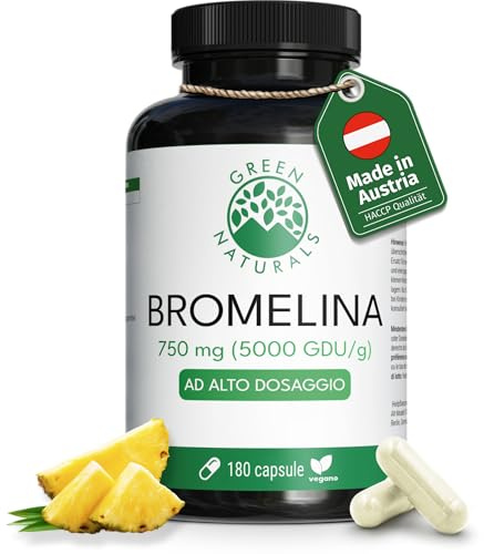 Green Naturals Bromelina 750 mg – Estratto di ananas – 180 capsule | 5.000 GDU/g · Capsule gastroresistenti (DR Caps) · Vegan · Scorta di 6 mesi
