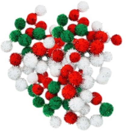 100 Stück Weihnachts-Pompons, Glitzernde, Flauschige Mini-Bommeln in Rot, Grün, Weiß - Lametta, Bälle für Heimwerker, Kunst und Heimdekorationen