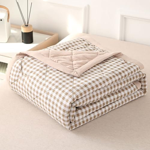DOTBUY-SHOP Quilted Bedspreads, Check Quilt Bed Throws Cotton Filling Duvet Super King Single Double Size Children's Bed Reversible Quilted Throw for All Season (Khaki,180x200cm)