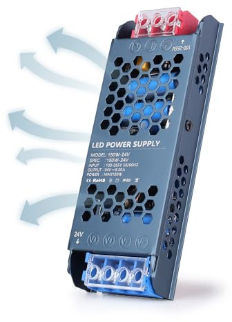 YOODI Transformateur 220V 24V, 150W 6,25A Alimentation DC, LED Transfo, Conducteur à Tension Constante Basse Tension, AC à DC Driver Ultra Mince pour Bande Lumineuse