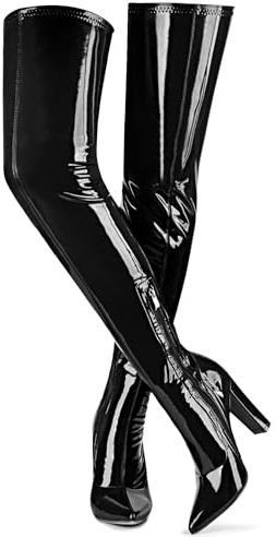 Botas altas hasta el muslo para mujer, botas altas de charol, de piel sintética, elásticas, sexy, puntiagudas, a la moda, botas GOGO, botas altas hasta la rodilla, botas altas hasta la rodilla, Negro