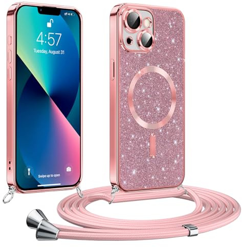 Phoona handyband Hülle für iPhone 13 mit Band, Glitzer Handyhülle Kompatibel mit MagSafe, Ganzkörperschutz Kratzfeste Stossfest Schutzhülle mit Einstellbar Kette, Rosa