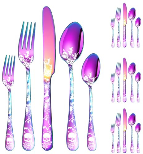 XIAOYU Halloween Themed Skeleton Silverware Set for 4, 20-Piece Stainless Steel Flatware Set, Gothic Skeleton Pattern Decorative Cutlery Set, Halloween Easter and Christmas Tableware, Rainbow