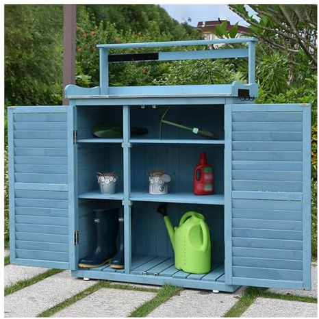 Outdoor Storage Cabinets for Courtyard Garden Double Open Shutter Door Tool Shed with Large Storage Space for Miscellaneous Items Sorting Workbench (Blue)