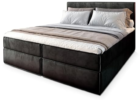 Masseno Boxspringbett PELLIO 180x200 cm Komplett-Set mit Matratze und Topper, Polsterbett mit Zwei Bettkästen -Schwarz, Monolith 95