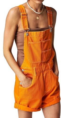 Felcia Women Denim Bib Shorts Overalls Adjustable Strap Suspender Wide Leg Rolled Cuff Jumpsuit Casual Jean Shorts Dungarees with Pockets