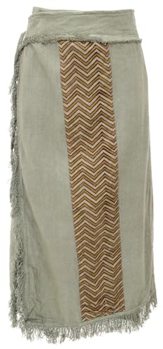 GURU SHOP Jupe portefeuille avec imprimé tribal à franges pour femme en coton, Sauge, 40
