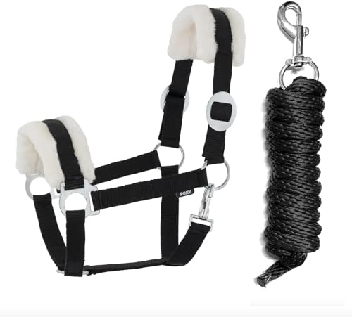JA Horse JA4003 Comfort Halfter Set Karabinerhaken, Schwarz, Cob | Comfort Pferdehalfter mit Kunstfell Führstrick Set, verstellbar mit Karabinerhaken für Pferd Holzpferd