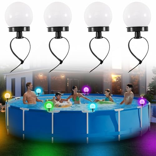 Begonia Lot de 4 éclairages solaires de piscine - Éclairage de clôture - Accessoires pour piscine encadrée et piscine hors sol - Lumière LED étanche pour extérieur, jardin, piscine, bar, fête