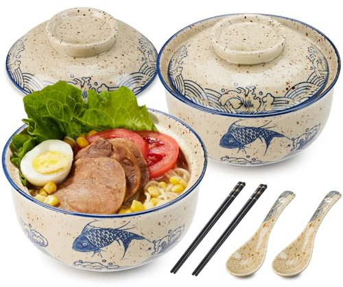 Soyestan Keramik Ramen Schüssel Set, 766 ml Japanische Vintage Große Suppenschüsseln Instant Nudelschüssel Asiatisches Geschirr, mit Deckel, Löffel und Essstäbchen für Mikrowelle & Spülmaschine