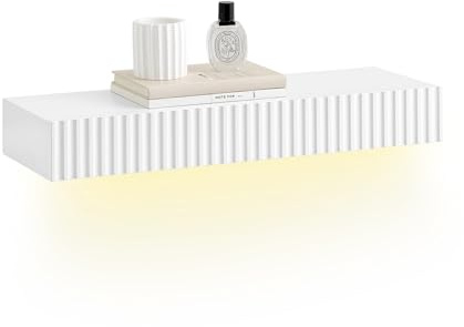 SoBuy Mensola a muro sospesa con cassetto e luce LED con sensore di movimento, per camera da letto, ingresso e soggiorno, a batteria, L60 × P20 × H8 cm, bianco, FHK38-W