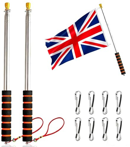 2 Pieces 3m Stainless Steel Telescopic Flag Pole, Handheld Flag Pole Flag Staff with Clips, Extendable Telescopic Flag Pole, for Camping, Travel, Outings, Competitions, Teachers and Tour Guides