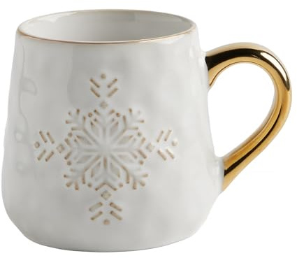 home&you - Flakes Kaffeetasse, Weihnachtsmotiv, Schneeflocke, Keramiktasse, 450 ml, Kaffeebecher, Teetasse, Geschenkidee, Winterkollektion, Tasse mit Henkel aus Steingut - Weiß