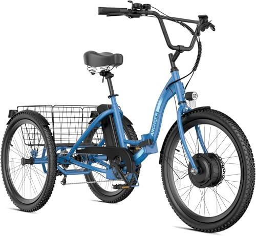 ANCHEER Electric Tricycle for Adults, Peak 600W Folding Electric Trike, 24 499Wh Ebike for Seniors, 15.5MPH Electric Bike, Removable Battery, 3 Wheel, LCD, Rear Differential, Basket (Blue)