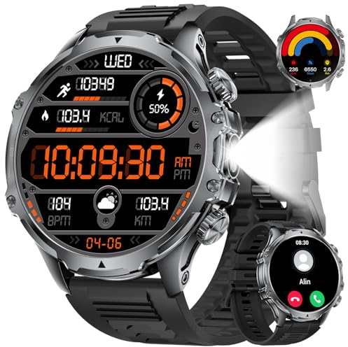 SUNKTA Smartwatch Herren Militär,800 mAh Akku/1,85'' HD-Display-Sportuhr mit Taschenlampe/100+ Sportmodi,IP68 Wasserdicht Fitnessuhr mit SpO2/Herzfrequenz,Schlafmonitor für Android/iOS Silikon