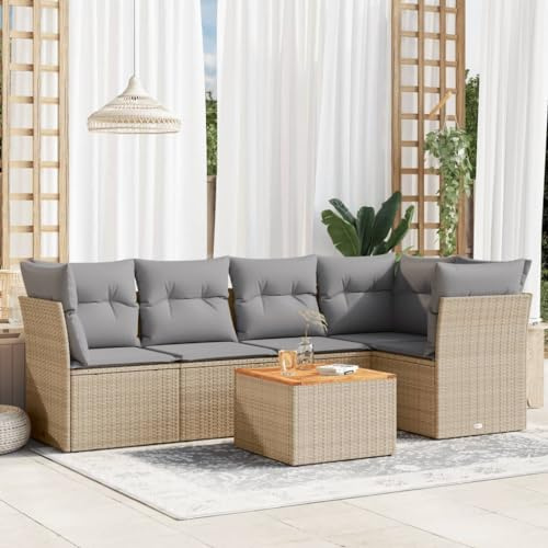 QJBSAVVA Ensemble de 6 meubles de jardin en rotin synthétique beige, 62 x 62 x 69 cm, canapé d'angle et central avec table en bois d'acacia, résistant aux UV et groupe de sièges modulaire pour balcon