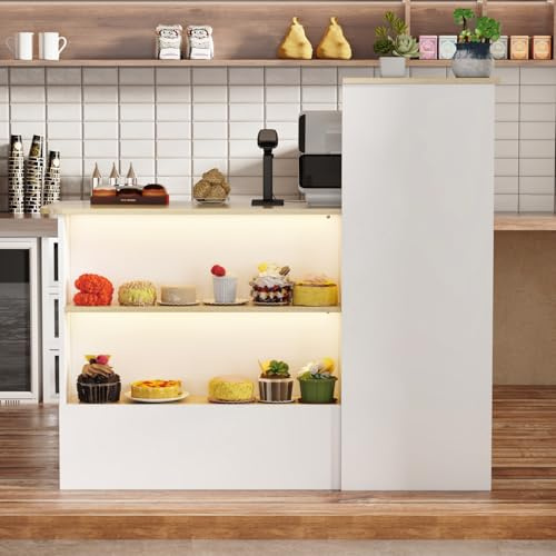 Bureau de réception avec éclairage LED 3 couleurs, table de réception avec tiroir et armoire, comptoir avec zone de présentation ouverte, blanc et bois naturel, réception de boutique, salon