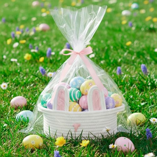 powerking Easter Basket, Cute Bunny Easter Egg Hunt Basket, Empty Gift Basket with Gift Bags and Ribbon for Easter, Small Woven Storage Basket for Home, Nursery Organizer (White Pink)