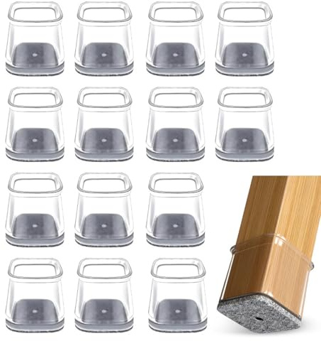 COAFTUG 16pcs Chair Leg Floor Protectors Square, TPE Table Leg Floor Protectors Chair Leg Cap with Felt Pad Transparent Furniture Cups Furniture Feet Cover for Protecting Hardwood Floor (Fit:25-36mm)
