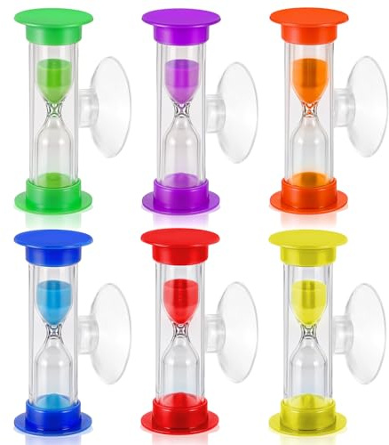 6 Stück Buntes Sanduhren Set,Sanduhr Zähneputzen für Kinder,Sanduhr 3 Minuten,Kunststoff Zahnputzuhr mit Saugnapf,für Küchen Klassenzimmern Zuhause Zeitmanagement