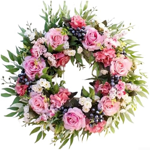 SMZhomeone Künstlicher Blumenkranz für Tür und Wand, Frühlingsblumengirlande mit Seidenrosen, Hortensien, handgefertigte Heimdekoration für Hochzeiten, festliche Anlässe (40,6 cm)