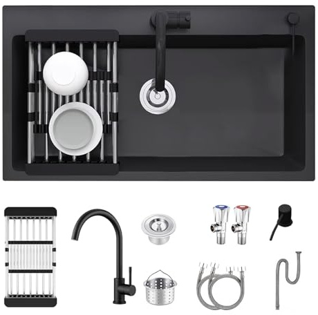 80x45cm Fregadero De Cocina 1 Seno De Acero Inoxidable con Dispensador De JabóN, Grifo y Juego De DesagüE, Fregadero Bajo Encimera O Sobre Encimera con Escurreplatos, Negro