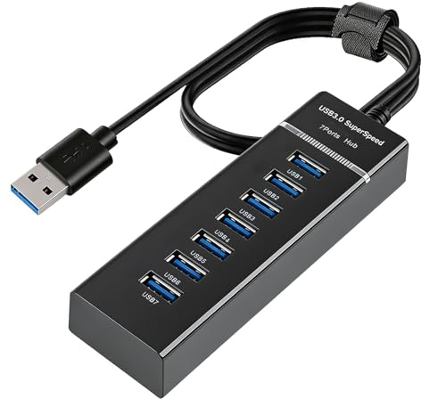 7 puertos Hub USB 3.0, Aluminio Hub USB, Multipuerto USB de 5 Gbps con Cable de 100 cm, Hub USB alimentado compatible con Windows, Mac, Linux, Extensión de puertos para discos duros, impresoras