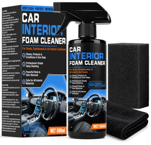 Limpia Salpicaderos Coche 500ml, Limpia Tapicerias Coche con Paño de Limpieza y Esponja, Limpiador Profesional de Tapicerías para Asientos, Salpicadero y Todas las Superficies Interiores del Vehículo