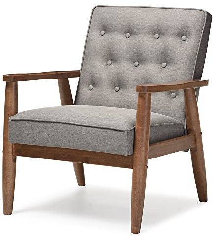 Baxton Studio Sorrento Mid-Century Retro Modern Fabric Upholstered Wooden Lounge Chair, Grey