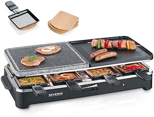 SEVERIN Raclette-Partygrill mit Naturgrillstein und Wendegussplatte, ca. 1.500 W, Inkl. 8 Pfännchen und 4 Raclette-Brettchen, RG 9474