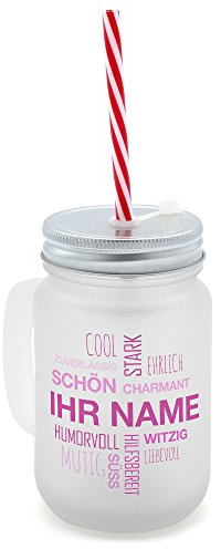 printplanet® - Trinkglas mit Henkel und Strohhalm - personalisiert mit Namen - Motiv Positive Eigenschaften (Modern) Pink - Henkel-Glas satiniert mit Deckel und Mehrweg-Trinkhalm