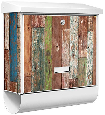 banjado® Burgwächter Briefkasten Weiß 38x39x12cm mit Motiv Buntes Holz/Briefkasten mit Zeitungsfach/Briefkasten mit Zeitungsrolle/Postkasten inkl. Montagematerial & 2 Schlüsseln