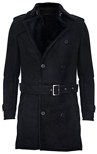 Infinity Leather Herren German Military Grau Zweireiher Echtes Schaffell Wildleder Erbsenmantel 3XL