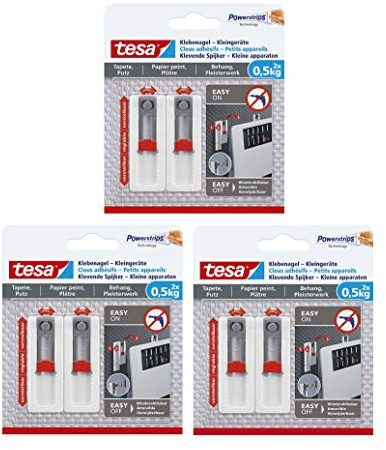 tesa 77782 Klebenägel Tapeten & Putz - höhen- und seitenverstellbar - selbstklebend - ideal für WLAN Router - Halteleistung 0,5kg/Nagel - spurlos ablösbar, Weiß (3, Weiß)