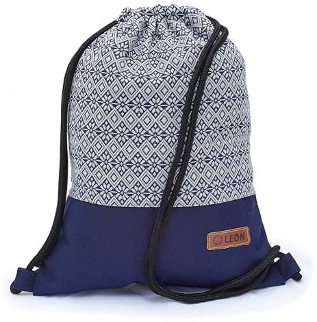 By Bers Leon großer Premium Turnbeutel mit Innentaschen Rucksack Tasche Damen Herren Teenager Gym Bag Draw String 45x34cm für Sport Reise Alltag Einkauf (Boho 003Blau)