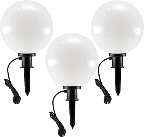 ChiliTec Kugelleuchte Gartenlampe 3er Set 30cm mit Erdspieß | Für Außen, IP44, 1,5m Kabel, E27 Fassung, Wetterfest hitze- und frostbeständig, Bleicht nicht aus