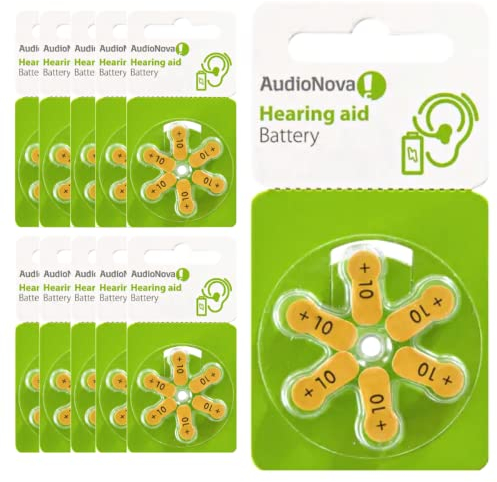 AudioNova - Hearing Aid Batteries Size 10 (PR70) | Mercury Free, Zinc Air, 1.45V | Lot of 60 AudioNova 10 Batteries for Hearing Aid | Battery pack of 10x6 | Hearing Aid Accessories | Color Code Yellow