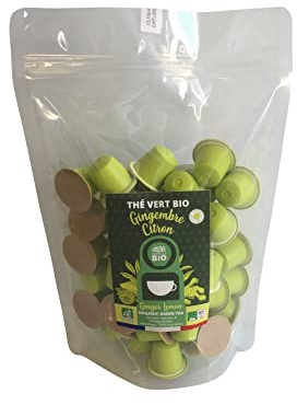CAPSUL&BIO Thé Vert Bio Gingembre Citron - Compatible avec les machines à Capsules Nespresso - Pochette de 70 Capsules Biodégradables, 100% Végétales - Rapide et Sain - Fabriqué en France