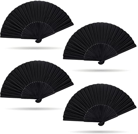 Grantop 4 Pcs Black Folding Hand Fan, Silk Fabric Bamboo Ribs Handheld Fan, Folding Chinese Fan for Wedding Christmas Party Prom Festival DIY Home Decorations (Black)