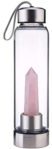 BiiKoon Healing Crystal Water Bottle 550Ml Natural Quartz Column Sports Cup Gemstones Gravel Glass Water Bottle with Energy Crystal Gravel & Protective Sleeve (Color : Pink Crystal, Size : 550ml)