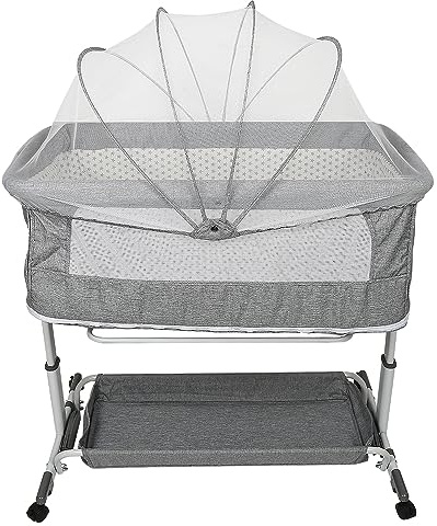 HUOLE Beistellbett Baby, 2 in 1 Babybett und Babywiege, Kinderbett mit Rollen, Moskitonetz, Lagerungstasche und Matratze, Höhenverstellbar Struktur aus Aluminiumlegierung, 113 * 66 * 84cm-grau