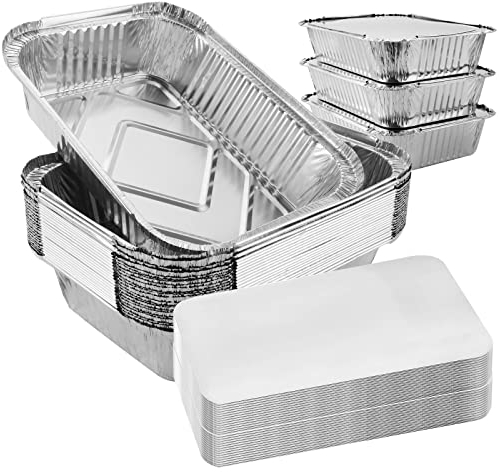 ASelected 50PCS Disposable Aluminium Large Foil Trays with Lids, 26x19x6cm Tin Foil Trays for BBQ, Roasting, Baking, Cooking, Broiling 1900ml Silver Foil Trays Containers