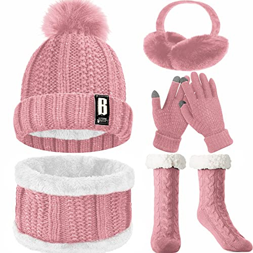 WEASIC Ladies Hat Scarf and Gloves Set - Ear Muffs Slippers Women Gifts for Women Christmas - Pink