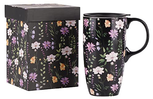 DUSVALLY Ceramic Mug Coffee Cup with Sealed Lid and Gift Box Latte Mug with Handle for Home and Office 17oz.Black