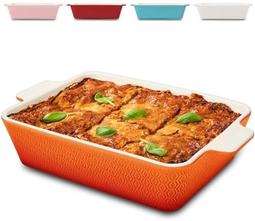 Fuente de Cerámica para Horno Grande - Antiadherente y Antirayones - Borde extra Alto - Rectangular (Naranja)