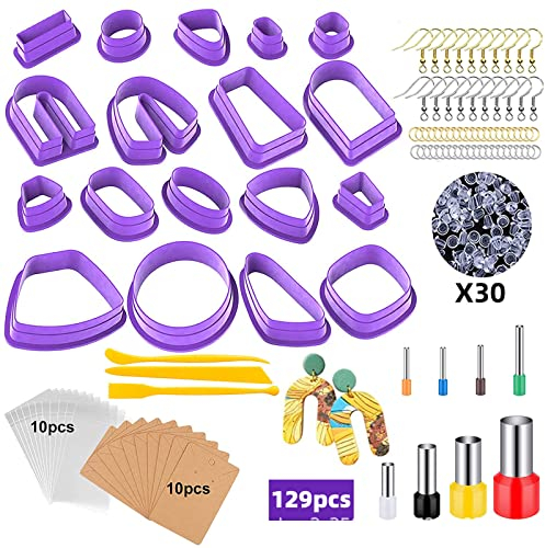 Xinlie 129 Stück Polymer Clay Zubehör - Tonausstechformen,Zubehör für die Herstellung von Clay-Schmuck Kunststoff-Werkzeuge und Ohrringschneider für die Schmuckherstellung - Perfekt für DIY-Projekte