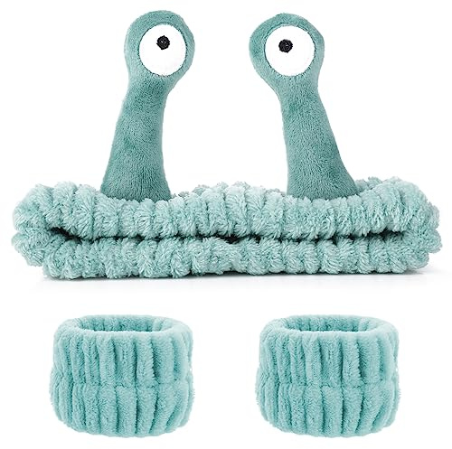 WLLHYF Spa-Stirnband Gesichtswasch-Armband-Set Make-up-Kopfband Schnecke Korallen-Fleece-Haarband Hautpflege-Haarband kreative niedliche Cartoon-Kopfwickel für Frauen und Mädchen (Grün)
