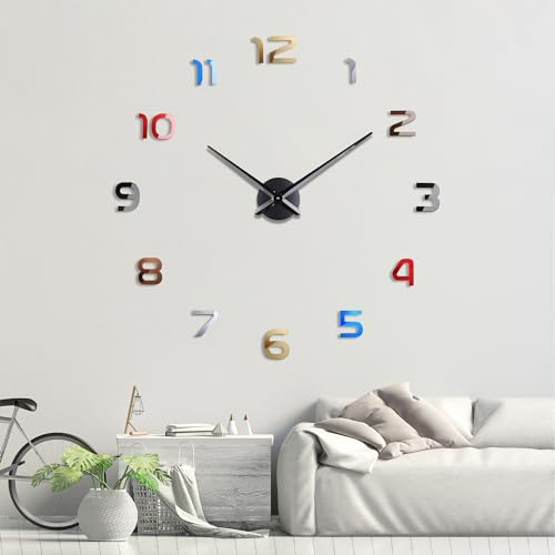 Lafocuse DIY 3D Wanduhr Groß XXL, Mute Modern Uhr Bunt Kreative, Wanduhren Aufkleber Deko Geschenk für Wohnzimmer Restaurant Büro Hotel (70-100cm)
